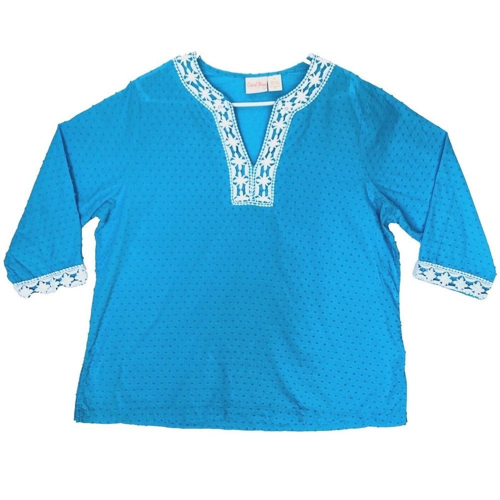 VTG Coral Bay Swiss Dot Top Womens 1X XL Cotton Lace Trim Teal Aqua India Tunic